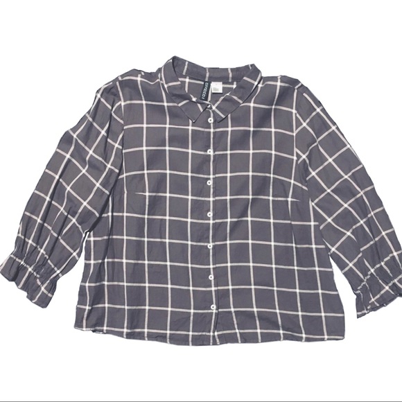 Divided Tops - Windowpane Plaid Button Up 3/4 Sleeve Blouse, 10